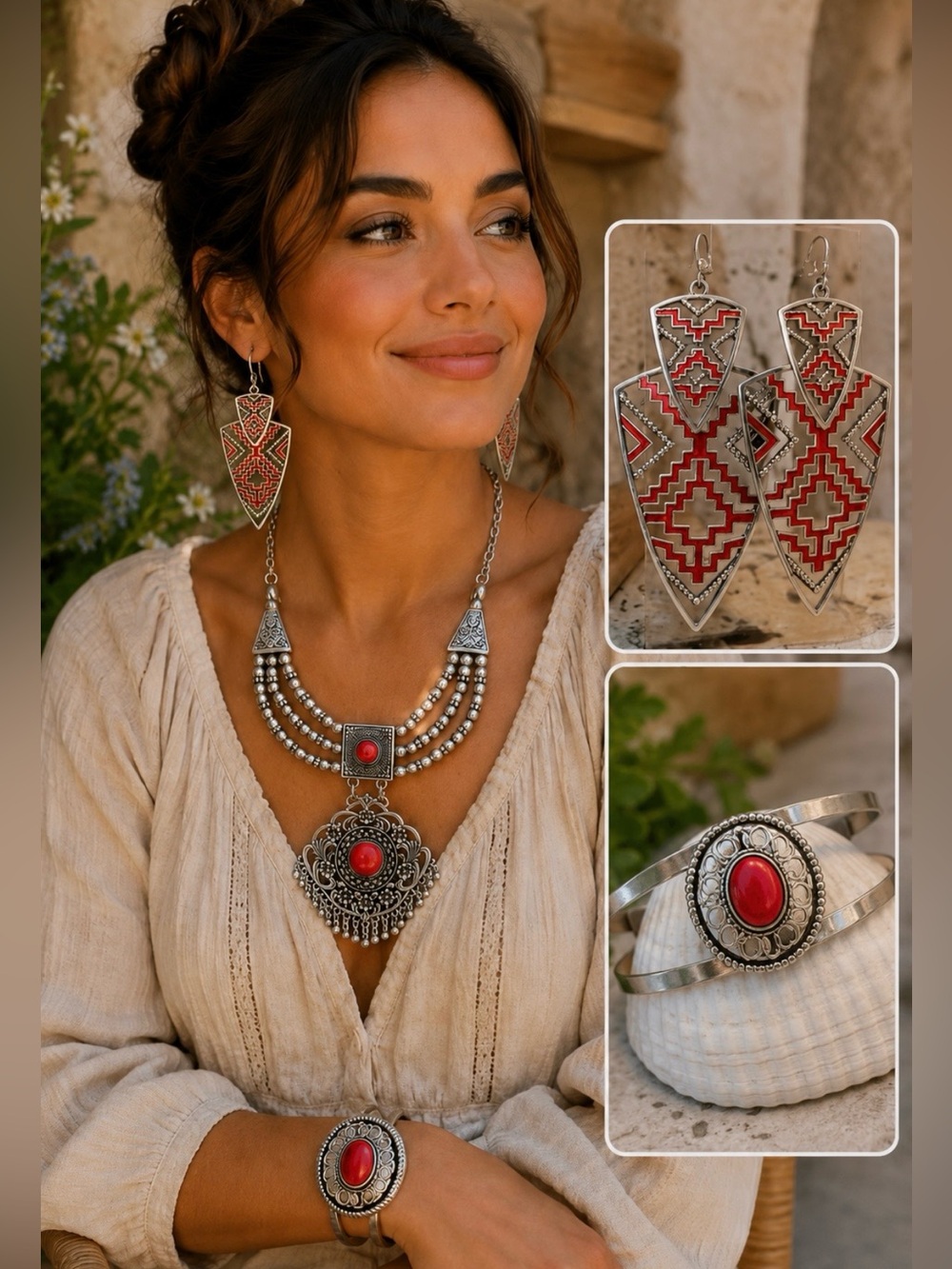 Aztec design red and silver jewelry set